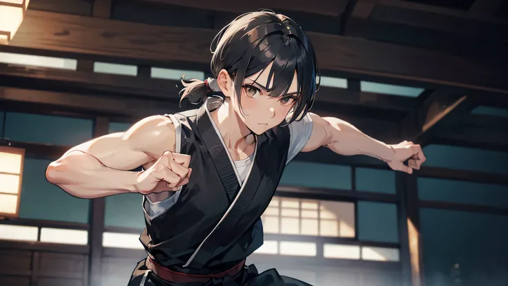 Solo men, short Silver ponytail hair style, short hair, Black hair, Brown eyes, Dojo clothes , 8k, masterpiece, looking at viewer, ultrasharp, men, Japanese, separate bang, No bang, Temple, cool, guy,5fingers, DOJO pose, Mens Body, Boyface, fist punch, Bla...