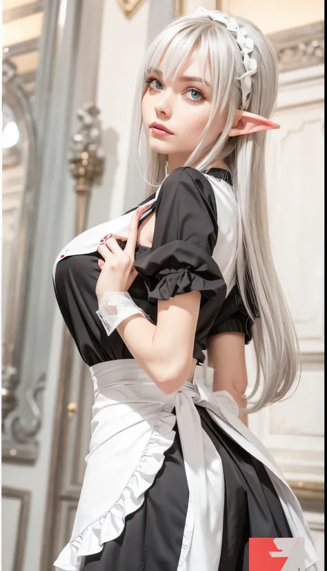 Elf Woman, maid uniform, silver hair,red pupil, serius expression, expressive face, detail face, detail body, detail finger 