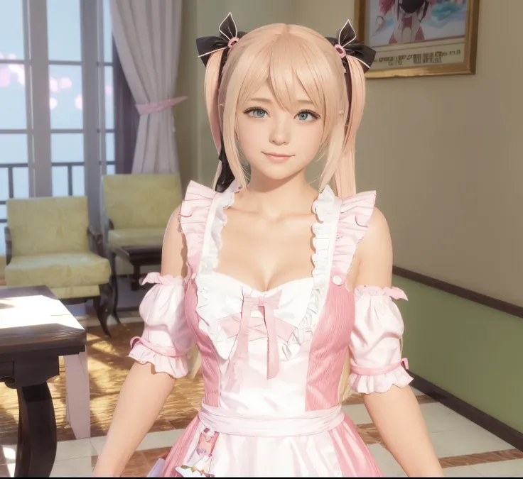 there is a woman in a pink dress standing in a room,  in dress, pink twintail hair and cyan eyes, sakura kinomoto, maid outfit, photorealistic anime girl render, anime girl in a maid costume, render of a cute 3d anime girl, , misa amane *, blond hair with ...