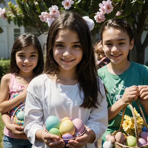 teen smirking holding filled easter egg basket and a bunch of little kids behind him crying holding empty easter egg baskets