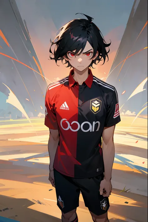 1male, parted hair, black hair, red eyes, serious expression, soccer jersey, soccer field background, detailed background, standing on path, serious expression