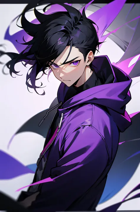 1 male, young adult, Black Hair, hoodie jacket, Purple Eyes, 