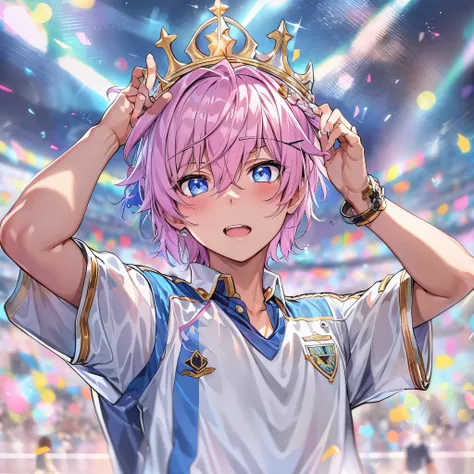 (1boy, masculino),uniforme de futebol, aquamarine eyes, campo de futebol, astolfo fate short hair, crown over the head