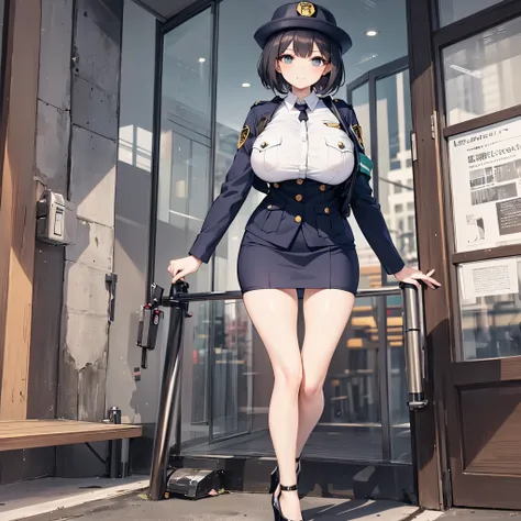 (solo:1.2), (1 policewoman), very tight miniskirt, thigh gap, highheels, narrow shoulders, (bursting disproportionately huge breasts:1.2), narrow waist, (slim hip), (skinny long legs), short hair