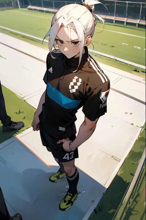 1male, adult, manbun, white hair, black eyes, expressionless, soccer jersey, soccer field background, detailed background, standing on path, serious expression