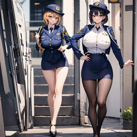 (solo:1.2), (1 policewoman), very tight miniskirt, thigh gap, highheels, narrow shoulders, (bursting disproportionately huge bre...