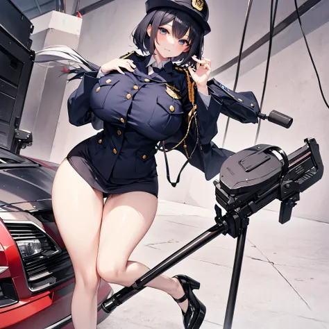 (solo:1.2), (1 policewoman), very tight miniskirt, thigh gap, highheels, narrow shoulders, (bursting disproportionately huge breasts:1.2), narrow waist, (slim hip), (skinny long legs), short hair