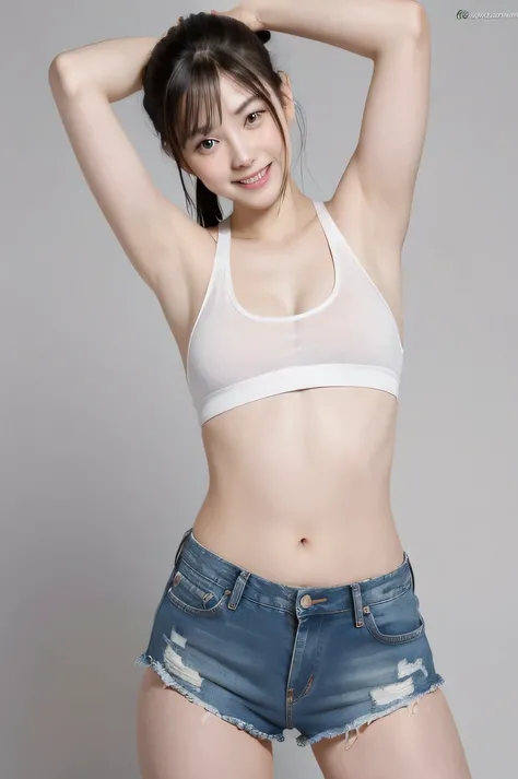The beauty of 8K raw photos:2.0, Japanese woman, pony tail, 18 years old, great face and dark eyes, looking at the viewer, big smile:1.7, show your teeth, wet hair, show the armpit, show the crotch, spread the legs wide, show cameltoe, tiny top, (denim sho...