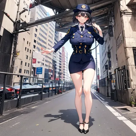 (solo:1.2), (1 policewoman), very tight miniskirt, thigh gap, highheels, narrow shoulders, (bursting disproportionately huge breasts:1.2), narrow waist, (slim hip), (skinny long legs), short hair