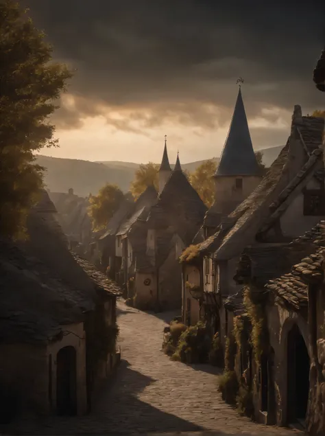 fantasy, scenery, dark background, ultra detailed, high detailed, sharp detailed, villages, trees, city, people, medieval