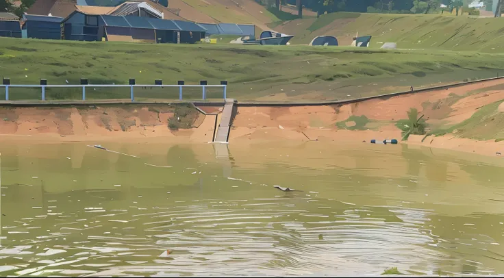 detailed Malaysia lake in background,  lake in the background, fish net in the pond, low camera angle at water level, interesting composition, water reservoir, mini lake, partly sunken! in the lake!, photo taken in 2 0 2 0, slight overcast lighting, black ...