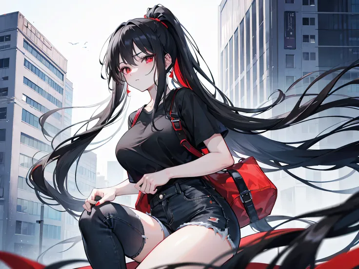 1 adult woman, long black hair with a high ponytail, red eyes, wearing plain black top, denim shorts, city, absurdres, high res, ultrasharp, 8K, masterpiece, seductive, looking at viewer