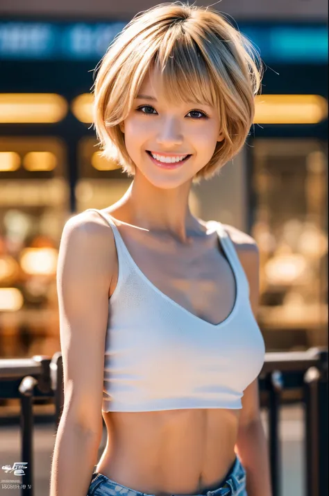 8K,A woman enjoying shopping in a big city,Super beautiful(like the real thing),Blonde short bob hair woman,sexyでカジュアルな衣装,shorts,smile,masterpiece,Photorealistic RAW photos of the highest quality。bright colors,rich colors, Backlight, cinematic lighting, fi...