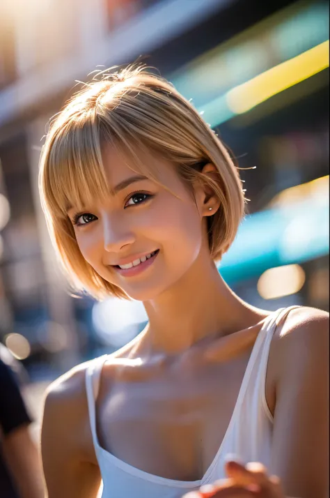 8K,A woman enjoying shopping in a big city,Super beautiful(like the real thing),Blonde short bob hair woman,sexyでカジュアルな衣装,shorts,smile,masterpiece,Photorealistic RAW photos of the highest quality。bright colors,rich colors, Backlight, cinematic lighting, fi...