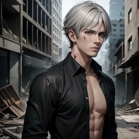 Realistic Anime style, Handsome boy, cool boy, serious face, torn Black shirt, straight gray Hair colour, Several blood wounds on his face, Background of destroyed buildings