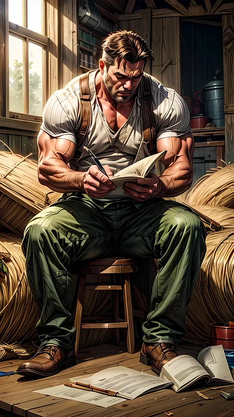 A muscular men in farmers clothes inside the shipyard writing