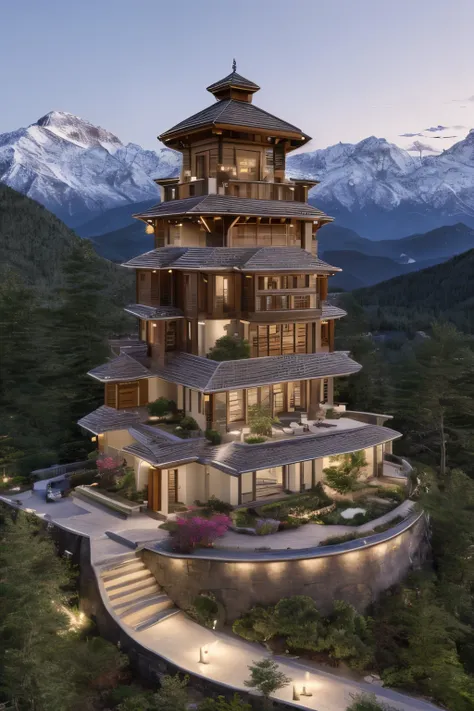 a beautiful mountain house nestled on a hilltop, boasting a stunning view of the mountain range, captured in hyper-realistic sty...