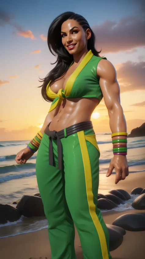 Laura, black hair, brown eyes, asymmetrical hair, 
front-tie top, bracelet, pants,  navel, belt,  green and yellow attire, 
 standing,  upper body, 
beach, dusk,  smile, 
(insanely detailed, beautiful detailed face,beautiful detailed eyes, masterpiece, bes...