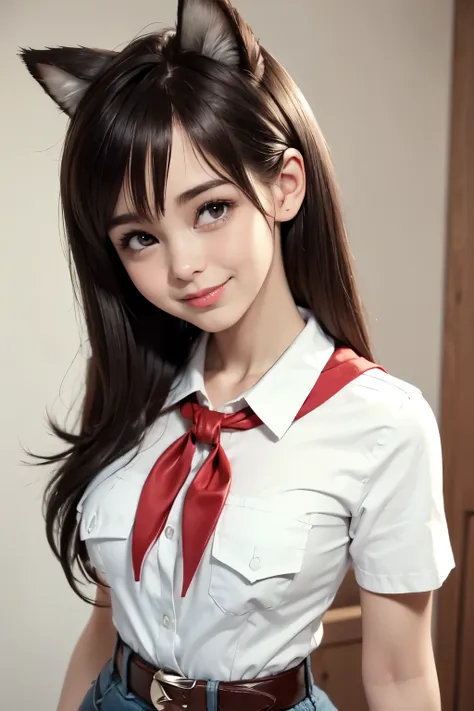 very young slim fit girl, at full height, rounded face, very long straight dark brown hair, big brown eyes, shy smile, accurate ...