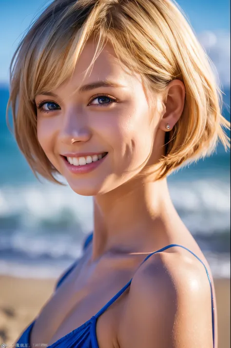 8K,American woman having fun at the beach,Super beautiful(like the real thing),model,Blonde short bob hair woman,sexyなビキニ,smile,masterpiece,Photorealistic RAW photos of the highest quality。bright colors,rich colors, Backlight, cinematic lighting, film grai...