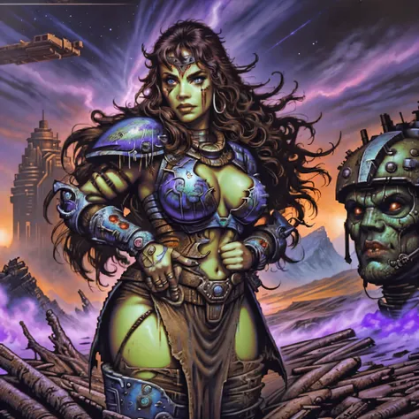 1 barbarian female, heavy metal magazine, blue head girl, sexy lips, space-warrior girl, cyborg girl, beautiful bbw girl, chubby girl, woman-warrior, whole body, nude body, Perfect skin, space background, blood rain, dark fantasy, Linsner style, Science fi...