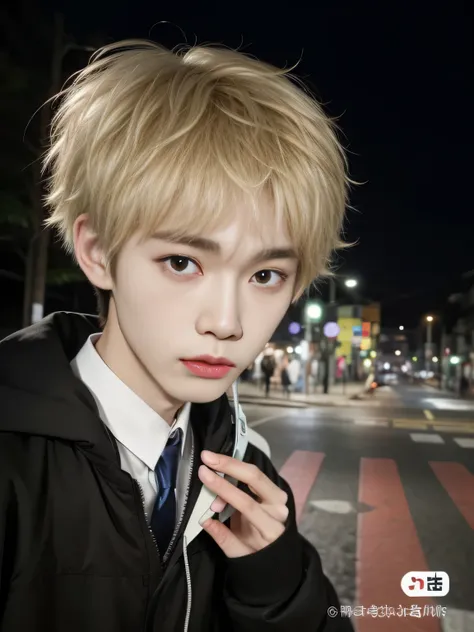 um close de uma pessoa com fones de ouvido em uma rua, cai xukun, pintar ulzzang, Kim Doyoung, Jung Jaehyun, Jinyoung Shin, adorable and pale korean face, XQC, kanliu666, inspirado em Bian Shoumin, Hong junho hyung, muito tempo, cute japanese demon boy, co...