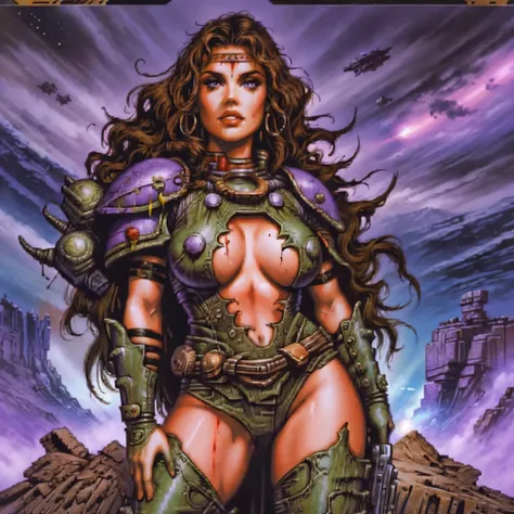 1 barbarian female, heavy metal magazine, ork girl, sexy lips, space-warrior girl, cyborg girl, beautiful bbw girl, chubby girl, woman-warrior, whole body, nude body, Perfect skin, space background, blood rain, dark fantasy, Linsner style, Science fiction,...