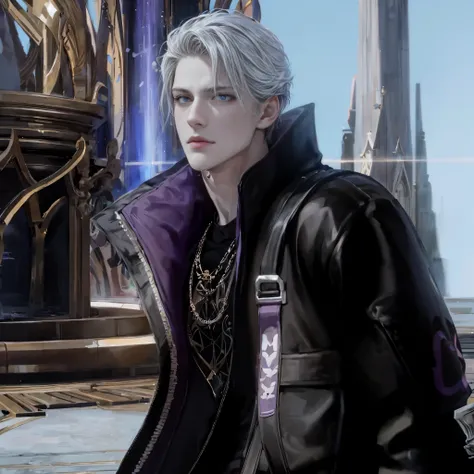 arafed male in a black jacket and a purple jacket standing in front of a fountain, Johan Liebert mixed with Alucard, he has dark gray hair, fils de Sparda, v du diable peut pleurer comme un elfe, eaux de remerciement, eaux de remerciement in style of wlop,...