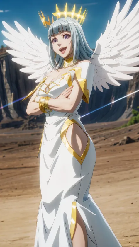 masterpiece, best quality, AltSiaV4, 1girl, solo, smile, open mouth, dress, jewelry, cowboy shot, wings, white dress, bracelet, halo, feathered wings, angel wings, light rays, angel, ((anime coloring)), crossed arms, 