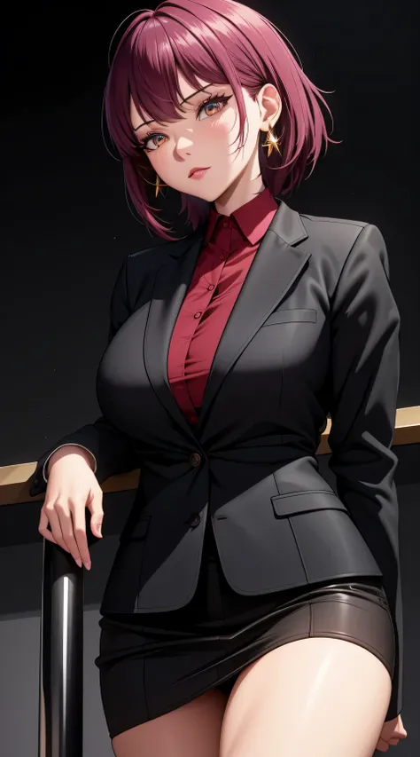 (best quality:1.5, highres, UHD, 4K, detailed lighting, shaders), black floral haired, gradient hair, large breasts, suit, red shirt, social shirt, short skirt, mature woman , (pov), black background, colorful eyeshadow, dramatic lighting, sparkling eyes, ...