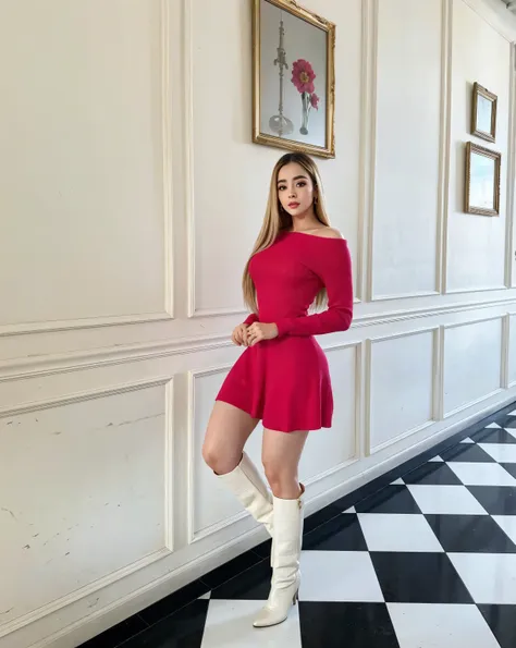 araffe posing con un vestido rojo and white boots in a hallway, dressed in a vestido rosa, con un vestido rojo, linda jovencita ...