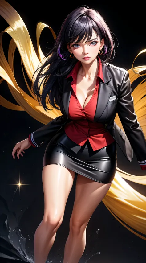 (best quality:1.5, highres, UHD, 4K, detailed lighting, shaders), black floral haired, gradient hair, large breasts, suit, red shirt, social shirt, short skirt, mature woman , (pov), black background, colorful eyeshadow, dramatic lighting, sparkling eyes, ...