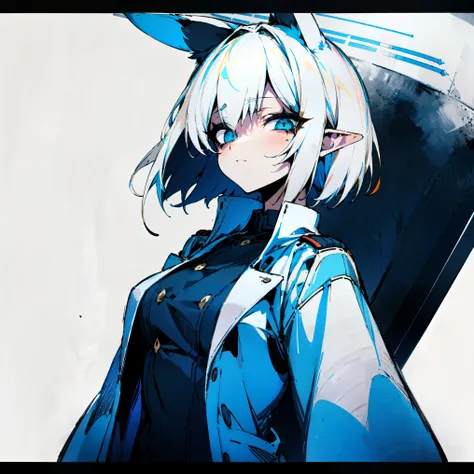 (Masterpiece, Top Quality, Best Quality, Official Art, Beauty and Aesthetics: 1.2), (Flat Color: 1.3), Very Detailed, Detailed Face and Eyes, Cinematic Light, SFW, Anime, Depth of Field, 1 Girl, Solo, Official, White Hair, Elf Ears, Short Hair, Blue Eyes, ...