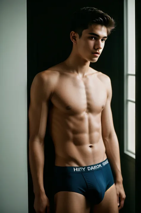 (photo of a 18-year-old boy wearing only underwear), (highly detailed face:1.4) (smile:0.7), slim body build, slender body, cute boyish face, (background inside dark, moody, private study:1.3), Nikon D850 |, Film Stock Photography ,4 Kodak Portra 400 ,came...