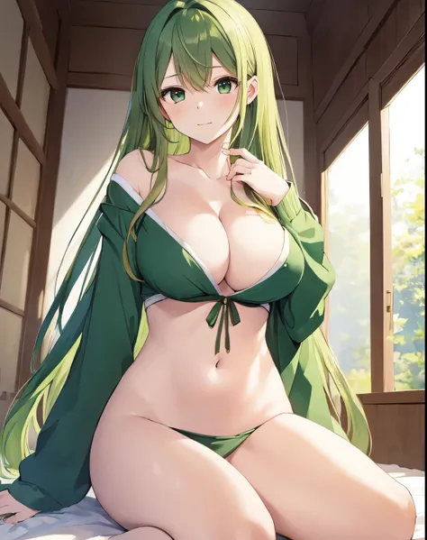 (((masterpiece))), ShizukaMikazuki, 1girl, solo, looking at viewer, long hair, green hair, long sleeves, cleavage, large breasts, closed mouth, collarbone, naked.