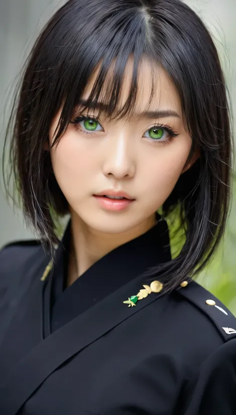 High Resolution, 1 girl, japaner, gesicht wie toko miura, kurze haare, schwarze haare, schwarze uniform, gerade stehend, schlank, Green eyes, haut, poren, hole body