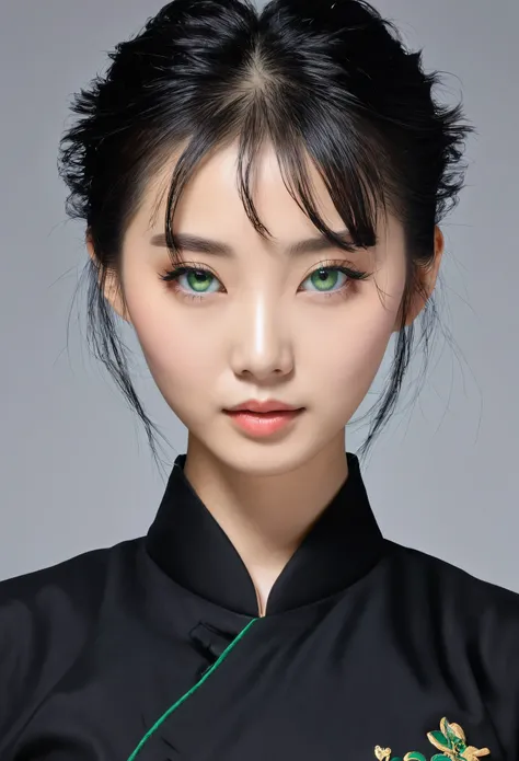 High Resolution, 1 girl, chinesin, kurze haare, schwarze haare, schwarze uniform, gerade stehend, schlank, Green eyes, haut, poren, body frontal