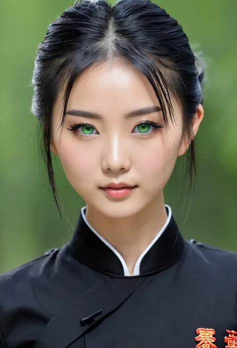 High Resolution, 1 girl, chinesin, kurze haare, schwarze haare, schwarze uniform, gerade stehend, schlank, Green eyes, haut, poren, body frontal