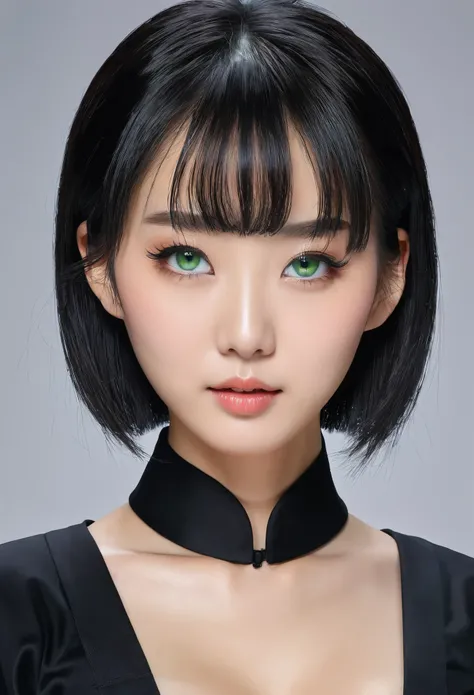 High Resolution, 1 girl, chinesin, kurze haare, schwarze haare, schwarze uniform, gerade stehend, schlank, Green eyes, haut, poren, body frontal