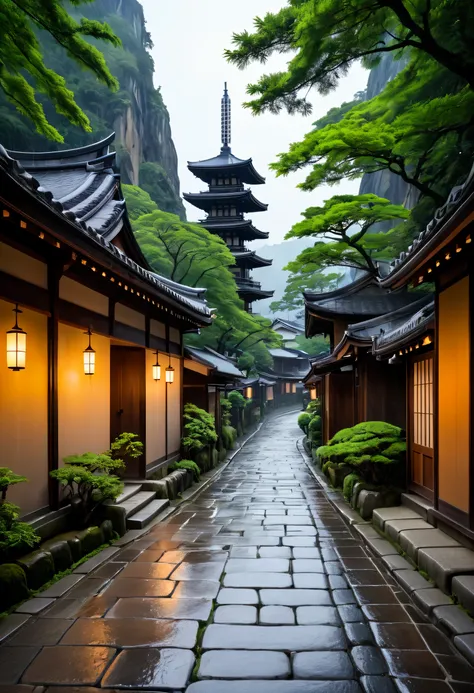 a narrow street in kyoto, japan, zhangjiajie in early morning, houzz, in front of a temple, trending on pixv, lush nature, omino...