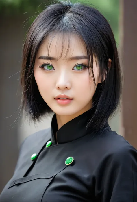 High Resolution, 1 girl, chinesin, kurze haare, hole body sichtbar, schwarze haare, schwarze uniform, gerade stehend, schlank, Green eyes, haut, poren, hole body, alleine