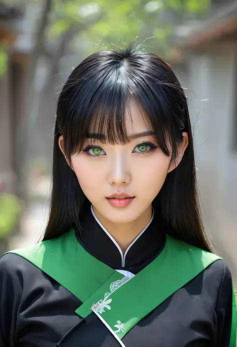 High Resolution, 1 girl, chinesin, kurze haare, hole body sichtbar, schwarze haare, schwarze uniform, gerade stehend, schlank, Green eyes, haut, poren, hole body, alleine