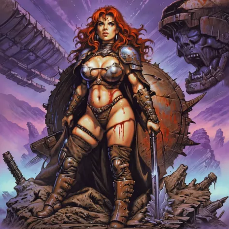 1 barbarian female, heavy metal magazine, red sonja, ork girl, sexy lips, space-warrior girl, cyborg girl, beautiful bbw girl, chubby girl, woman-warrior, whole body, nude body, Perfect skin, space background, blood rain, dark fantasy, Linsner style, Scien...