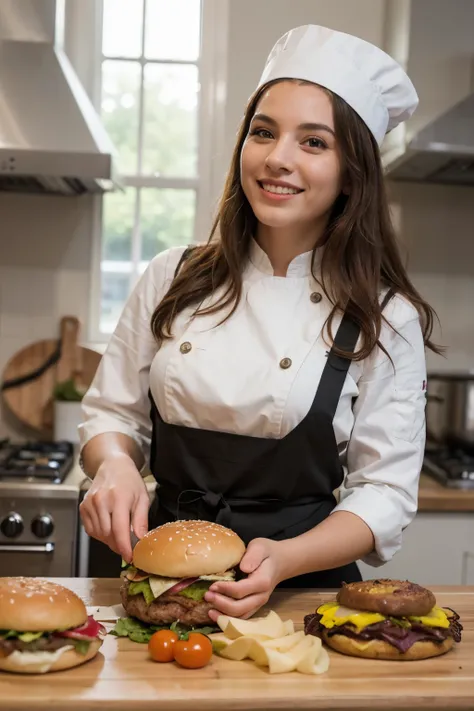 una escena altamente realista en una cocina profesional y espaciosa, donde un chef masculino de piel oscura, mostrado de perfil, radiate joy while cooking a burger on a sleek black professional grill. Este chef, quien viste un delantal blanco inmaculado, d...