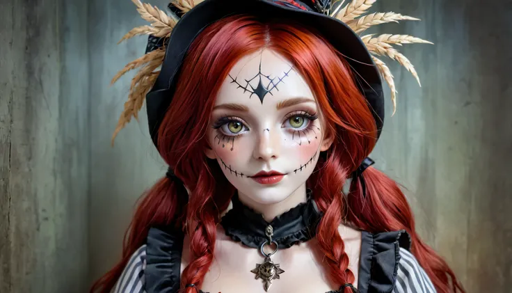 a woman with red hair and makeup,patchwork doll,real human face with skin,dreamy gothic girl,scarred,cosplay,8k highly detailed,...