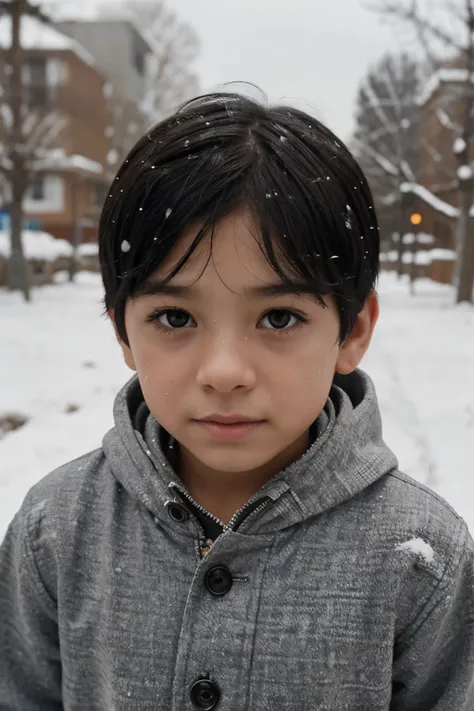 5 year old black haired boy, con pecas, en la nieve