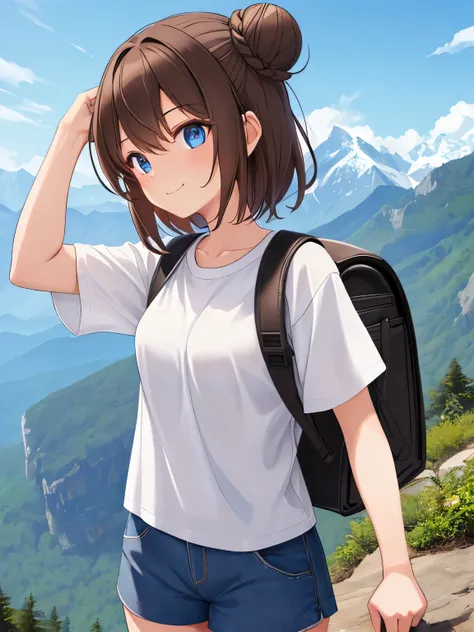 Masterpiece, 2d, Naturescape photography; mountain climbing; (1girl:1.3), (slender body), (Wearing a white T-shirt loose, Wearing a gingham check shirt, Black nylon fabric shorts), (Bun hair), (dark-brown hair), (asian girl, 18 years old, ultra delicate fa...