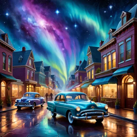 A surreal merger of 19th-century Victorian life and interstellar space, an oil painting capturing the romance of gas-lit streets and classic cars in the foreground, with an impossible backdrop of a cosmic sky filled with stars, galaxies, and auroras, in th...