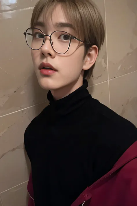 there is a young man con gafas standing in a bathroom, Jung Jaehyun, kim doyoung, con pelo corto, pintar ulzzang, hyung tae, yanjun chengt, con gafas, park Jimin, foto de perfil en la cabeza, Hong June Hyung, Jimin, inspirado en jeonseok lee, taken in the ...