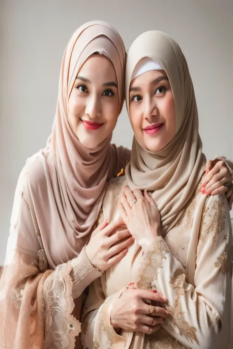 two women in hijabs are posing for a picture, woman holding another woman, mother, shutterstock, portrait of women embracing, hijab, old and young, 7 0 mm portrait, 60mm portrait, high quality portrait, muslim, in modern era, two women, lovely woman, modes...